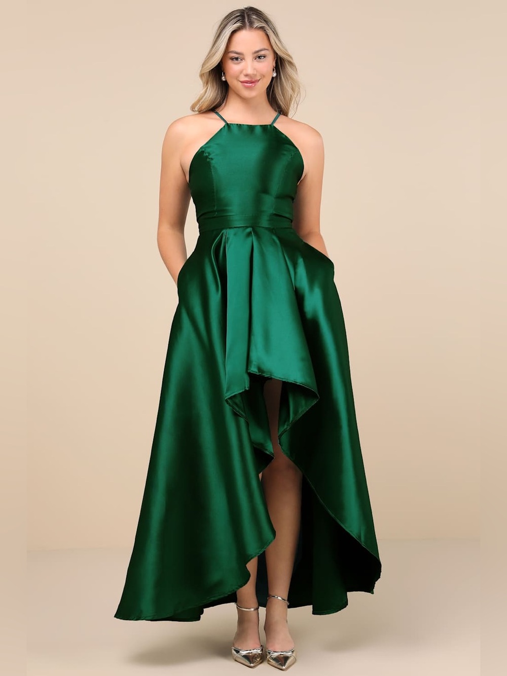 Lulu's Emerald Satin High-Low Halter Dress
